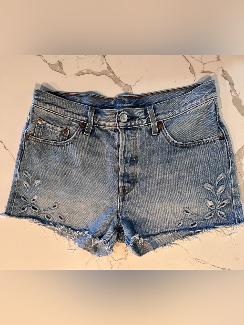 Levi's 501 Floral Eyelet Cut Out Denim Shorts Size 29